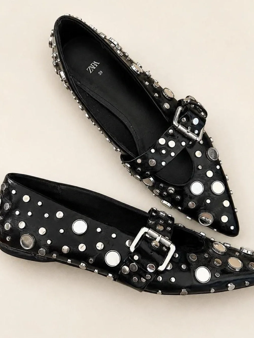 Zara Black Studded Pointed Mary Jane Flats with Buckle